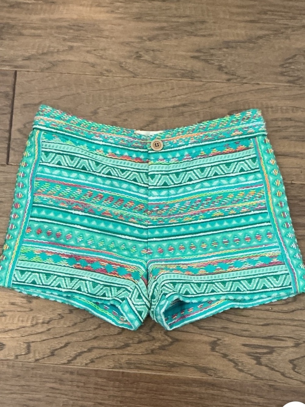 elevenses Anthropologie Costa Vintage Inspired Teal Patterned High-Waist Shorts